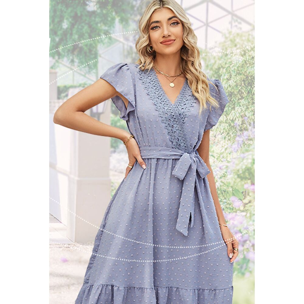 ANOTHER CHOICE Wrap V Neck Ruffle Sleeve Swiss Dot Belted Midi Dress Sz L